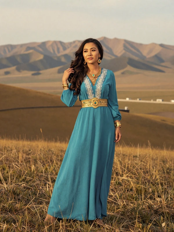 Beautiful Kazakh woman in modern turquoise dress with gold accessories standing on golden steppe hillside overlooking mountains in Kazakhstan