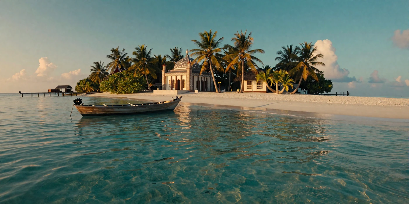 Scenic view of a pristine Maldives atoll with turquoise lagoon and traditional dhoni boat representing Maldivian island culture