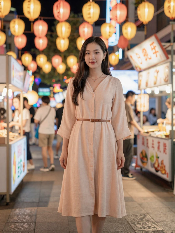 Beautiful Taiwanese woman in elegant peach dress standing at a vibrant Taiwanese night market with glowing lanterns and food stalls
