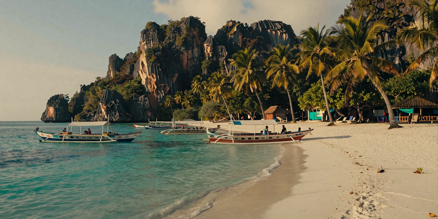 Scenic Philippine tropical coastline with traditional bangka boats at golden hour representing Filipino culture and island beauty