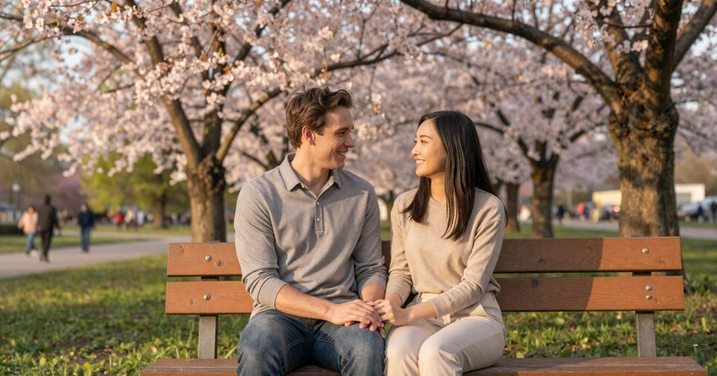 Interracial couple sharing a sincere moment in a cherry blossom park