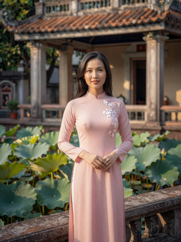 Beautiful Vietnamese woman in elegant pink ao dai standing in a traditional courtyard with lotus pond representing Vietnamese dating culture