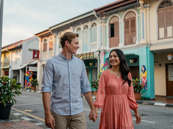 Happy cross-cultural couple walking hand in hand through colorful Georgetown Penang heritage street with vibrant murals