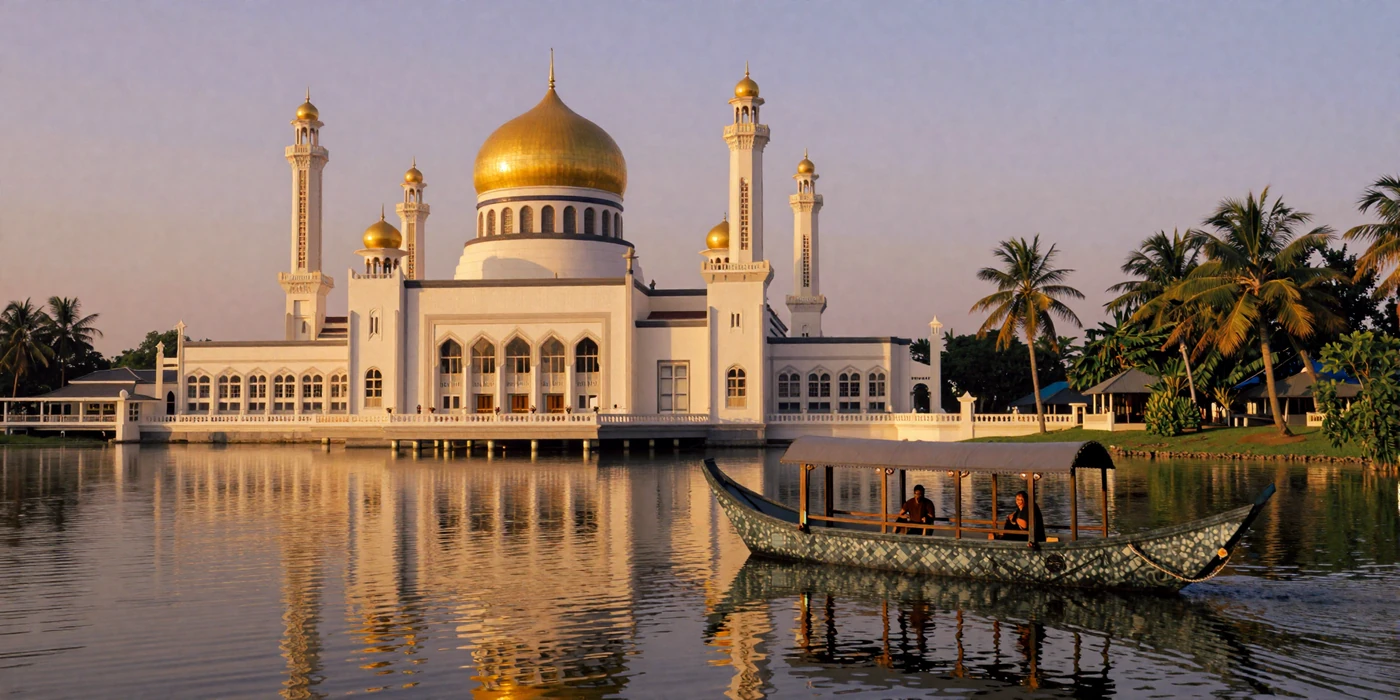 Omar Ali Saifuddien Mosque in Brunei with golden dome reflecting in the lagoon at sunset representing Bruneian cultural heritage