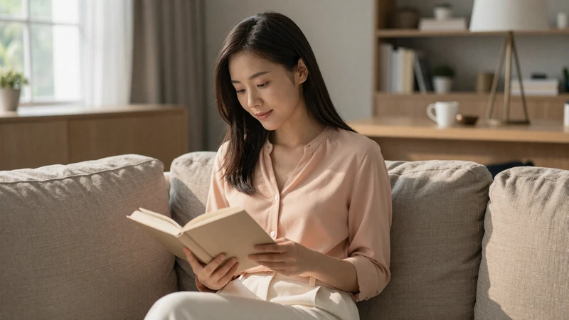 Young Asian woman reading at home in natural light - authentic everyday moment