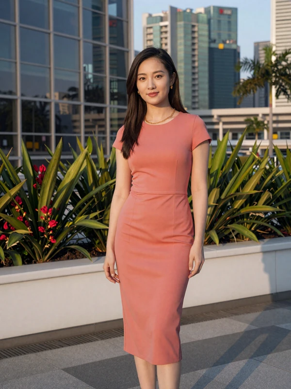 Elegant Singaporean woman in coral dress standing in front of modern architecture with Marina Bay skyline visible in background