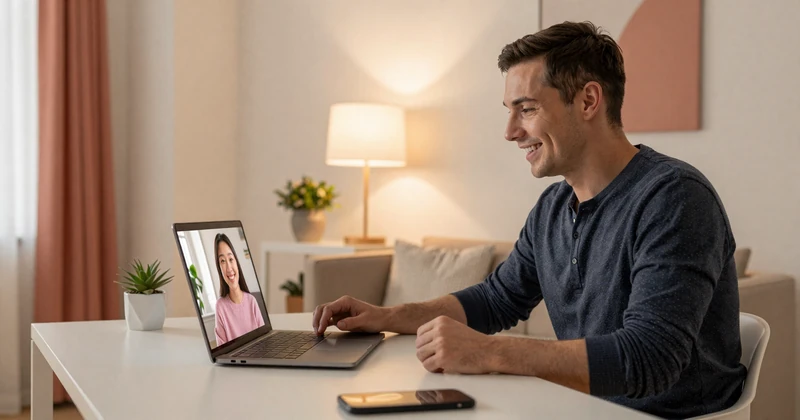 Man connecting with an Asian woman through a video chat date on WCAC Dating platform