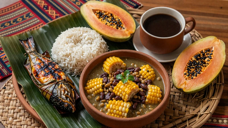 Traditional Timorese meal featuring batar da'an corn stew, grilled fish in banana leaves, rice, tropical fruits and Timorese coffee on a woven mat
