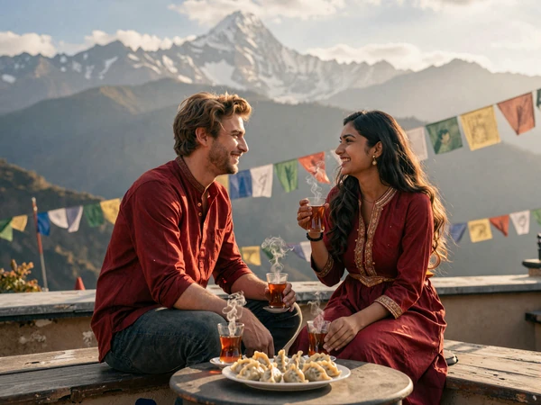 Happy cross-cultural couple enjoying Nepali tea and momos on a Himalayan mountain terrace
