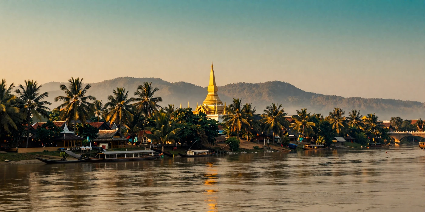 Mekong River at sunset in Luang Prabang Laos with golden Buddhist temples and lush tropical scenery representing Laotian cultural heritage