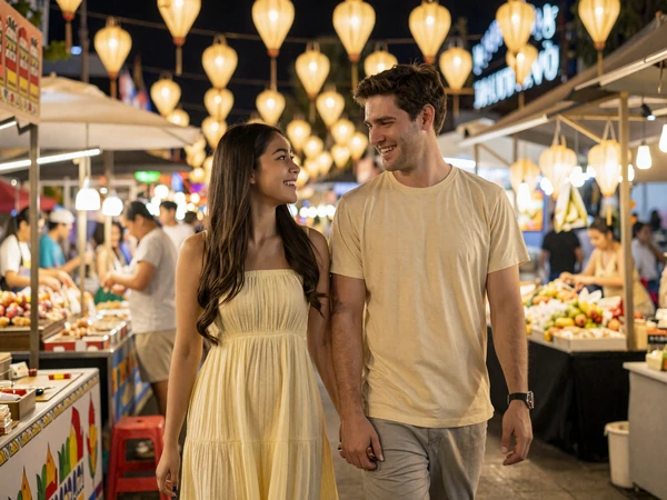 Happy cross-cultural couple enjoying a Thai night market together on a romantic evening