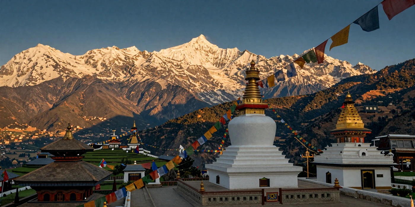 Majestic Himalayan mountains with ancient Nepali pagoda temples and prayer flags in Kathmandu valley at golden hour