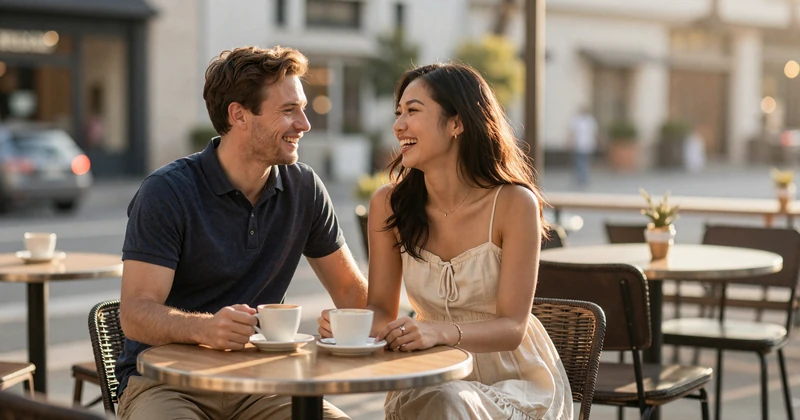 Western man and Asian woman enjoying a first date at an outdoor cafe