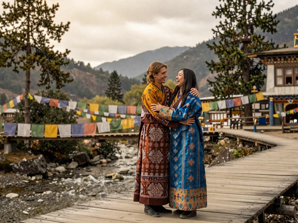 Happy cross-cultural couple embracing on a Bhutanese bridge with prayer flags and Himalayan valley in background