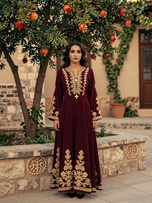 Beautiful Armenian woman in elegant traditional burgundy dress with gold embroidery standing in a courtyard garden with pomegranate trees and ancient stone walls