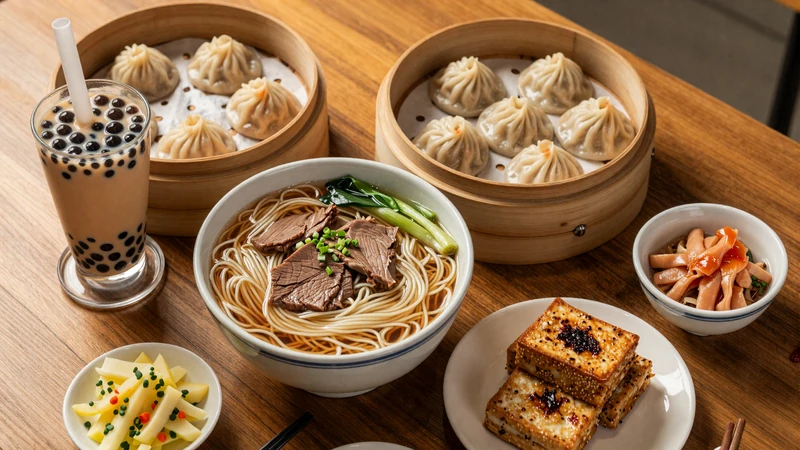 Traditional Taiwanese food spread featuring beef noodle soup, xiaolongbao dumplings, bubble tea, scallion pancakes and pineapple cakes
