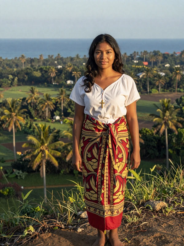 Beautiful Timorese woman in traditional tais textile wrap skirt standing on a hillside overlooking a lush green tropical valley in Timor-Leste