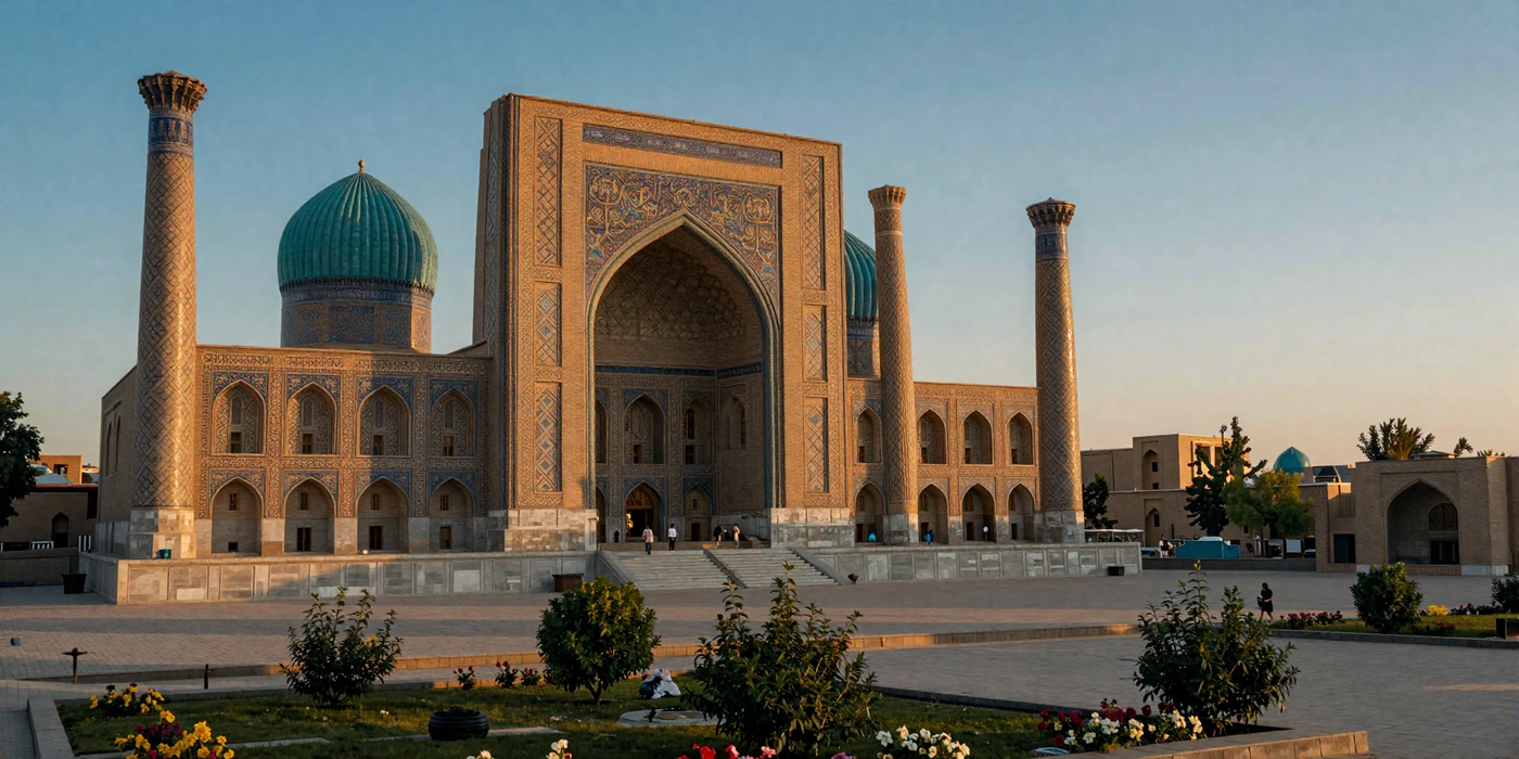 Majestic Registan Square in Samarkand Uzbekistan with turquoise blue and gold mosaic tilework at golden hour representing Uzbek Silk Road heritage