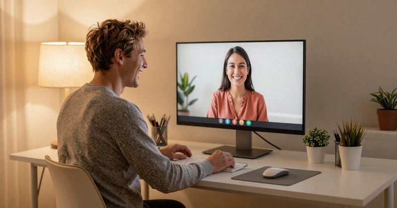 Western man connecting with an Asian woman through video chat on a long-distance dating platform
