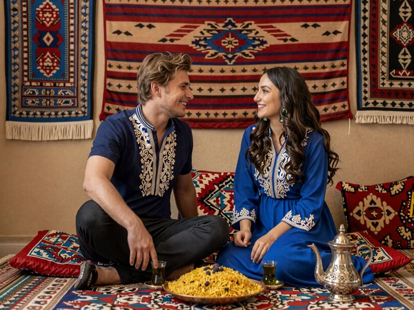 Happy cross-cultural couple enjoying Tajik cuisine together at a traditional dastarkhan with oshi palov and green tea