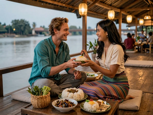 Happy cross-cultural couple enjoying traditional Lao meal with sticky rice and laap at a Mekong riverside restaurant