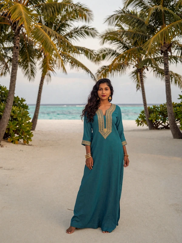 Beautiful Maldivian woman in elegant teal tunic dress standing on a tropical island path with turquoise ocean in background representing Maldivian dating culture