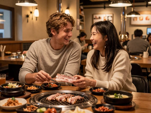 Happy cross-cultural couple enjoying Korean BBQ together at a cozy Seoul restaurant