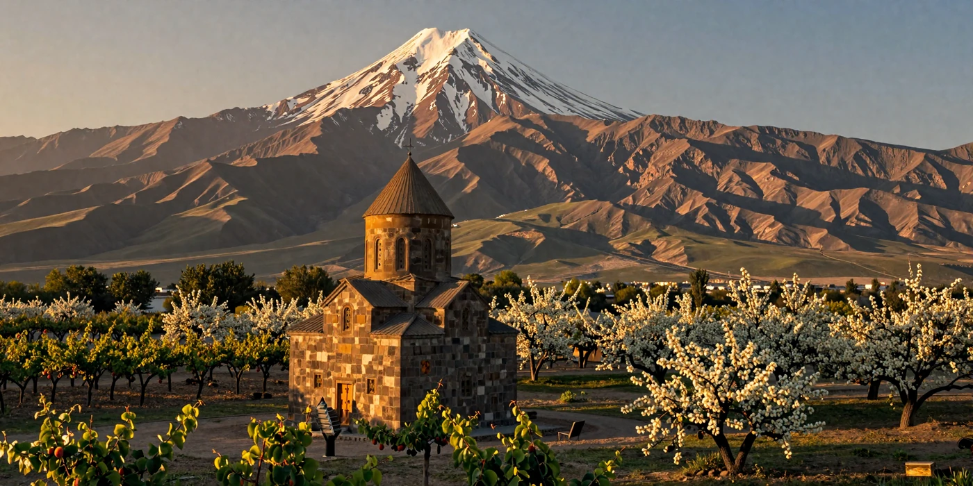 Mount Ararat and Khor Virap monastery in Armenia surrounded by vineyards and apricot orchards at golden hour representing Armenian cultural heritage