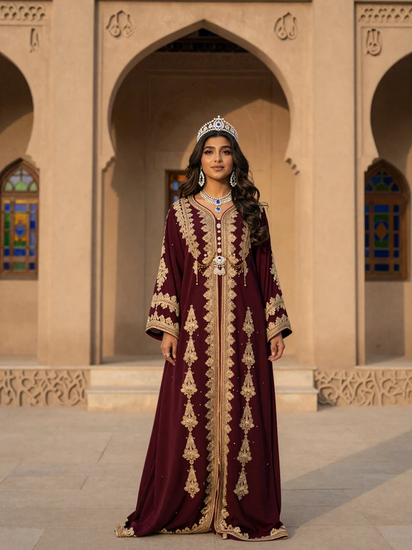 Beautiful Yemeni woman in elegant traditional burgundy dress with gold embroidery standing in courtyard of ancient Yemeni house with ornate stained glass windows