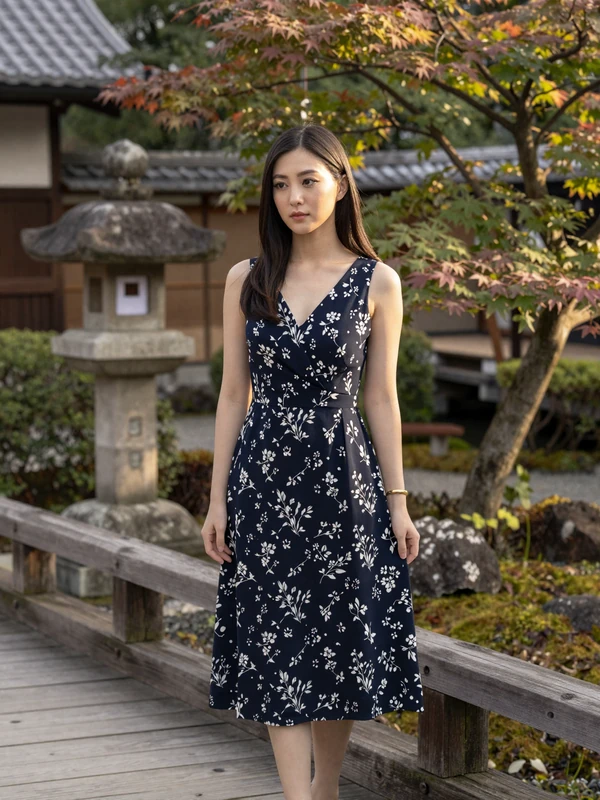 Beautiful Japanese woman in navy floral dress standing in a traditional Japanese garden representing Japanese dating culture