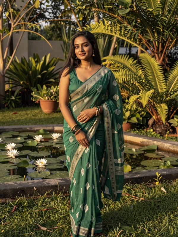 Beautiful Bangladeshi woman in elegant green jamdani saree standing in a lush tropical garden representing Bengali dating culture