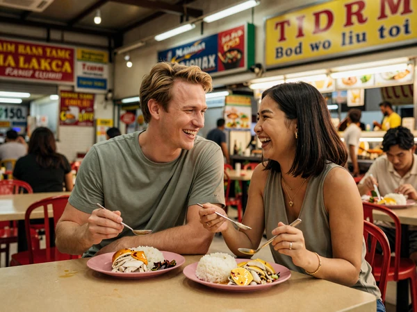 Happy cross-cultural couple enjoying Hainanese chicken rice and laksa together at a Singaporean hawker center