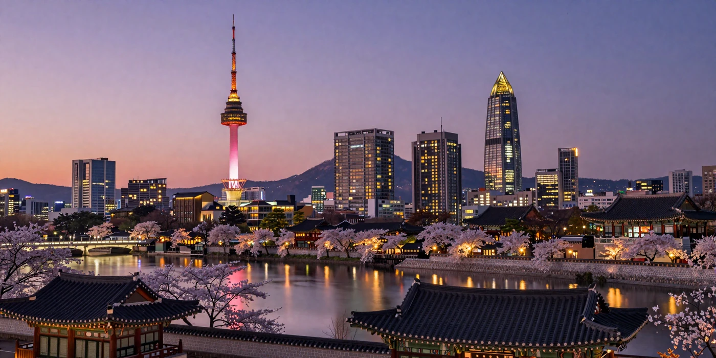 Seoul skyline at twilight with Namsan Tower and Han River reflecting city lights representing modern Korean culture and romance