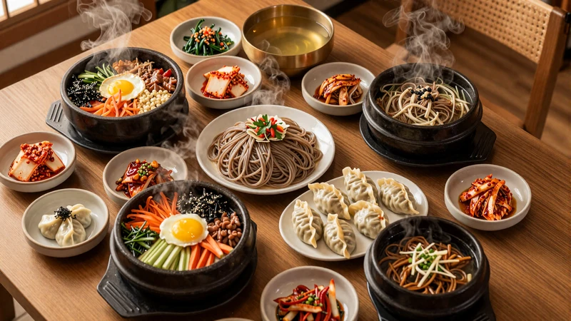 Traditional Korean feast featuring bibimbap, kimchi, mandu dumplings, naengmyeon cold noodles and various banchan side dishes