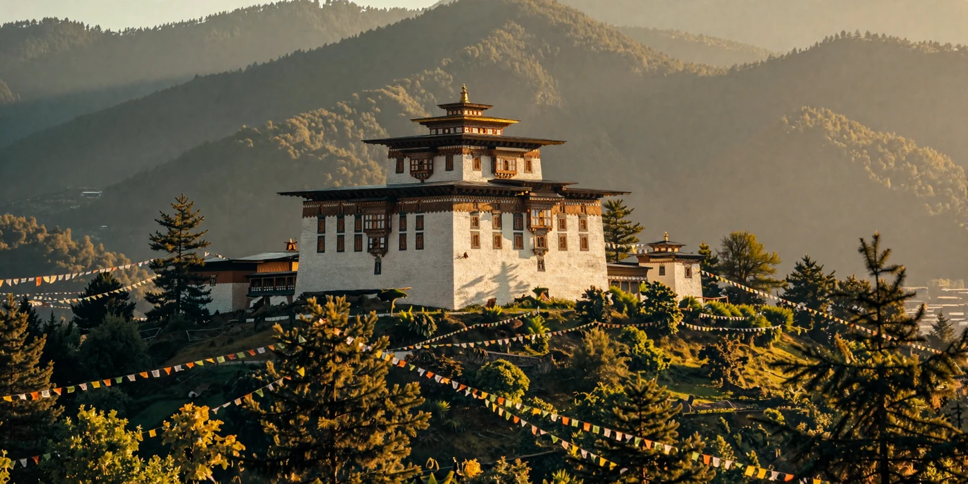 Majestic Bhutanese dzong fortress surrounded by lush Himalayan valley with prayer flags representing Bhutanese culture and heritage