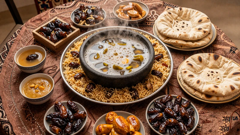 Traditional Yemeni feast featuring saltah stew, mandi rice with lamb, bint al-sahn honey bread, and qishr coffee arranged on a traditional cloth