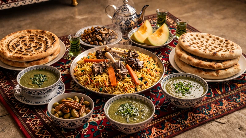 Traditional Turkmen feast featuring plov pilaf, gutap flatbreads, shurpa soup and tandoor-baked chorek bread arranged on a dastarkhan cloth