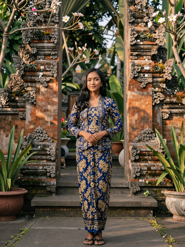 Beautiful Indonesian Javanese woman in elegant modern batik dress standing in a lush tropical garden courtyard with stone carvings and frangipani trees