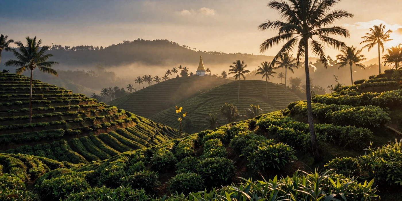 Scenic view of Sri Lankan tea plantations and Buddhist stupa at golden hour representing Sri Lankan culture and heritage