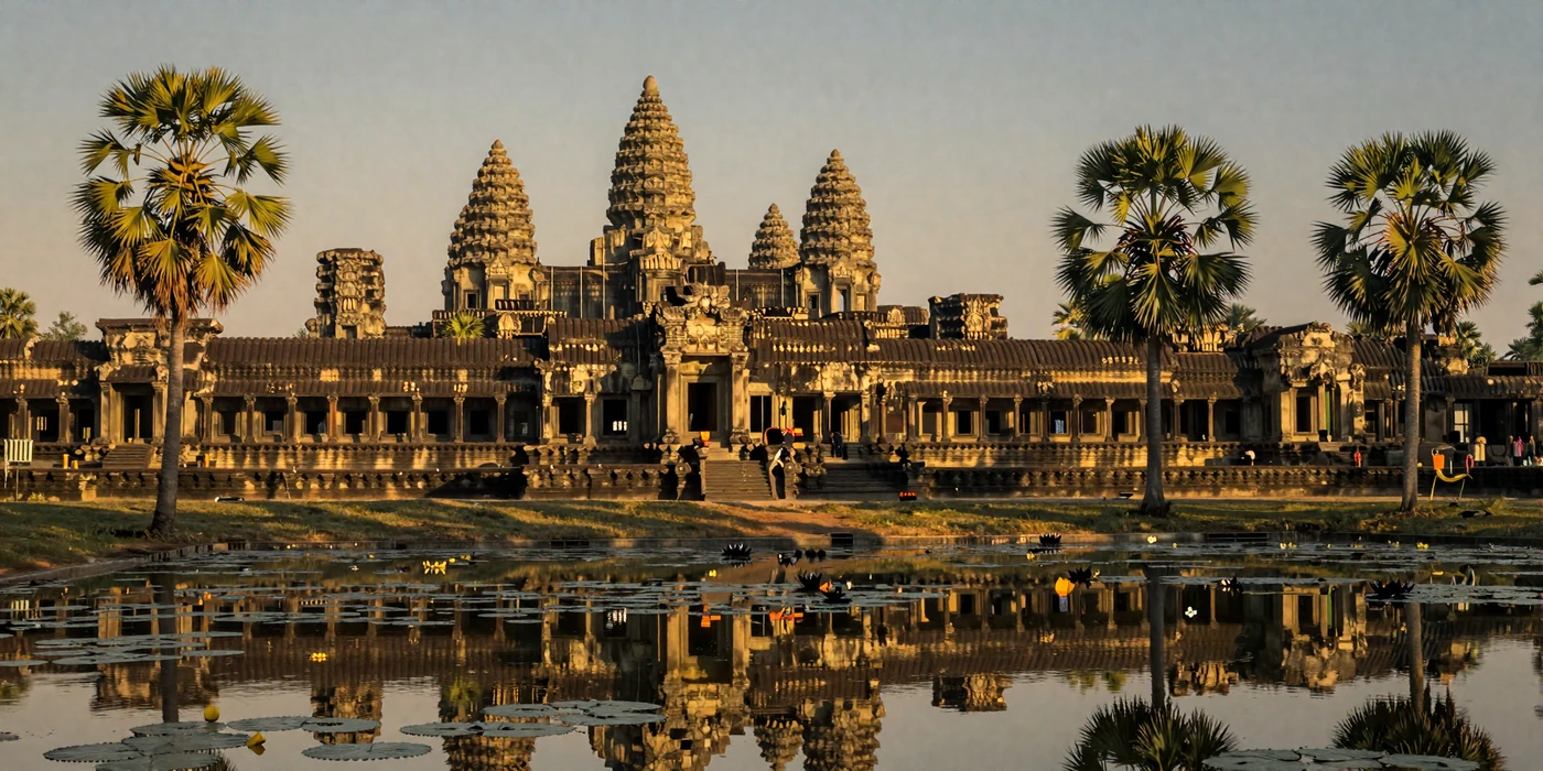 Angkor Wat temple complex in Cambodia reflected in lotus pond at golden hour representing Khmer cultural heritage