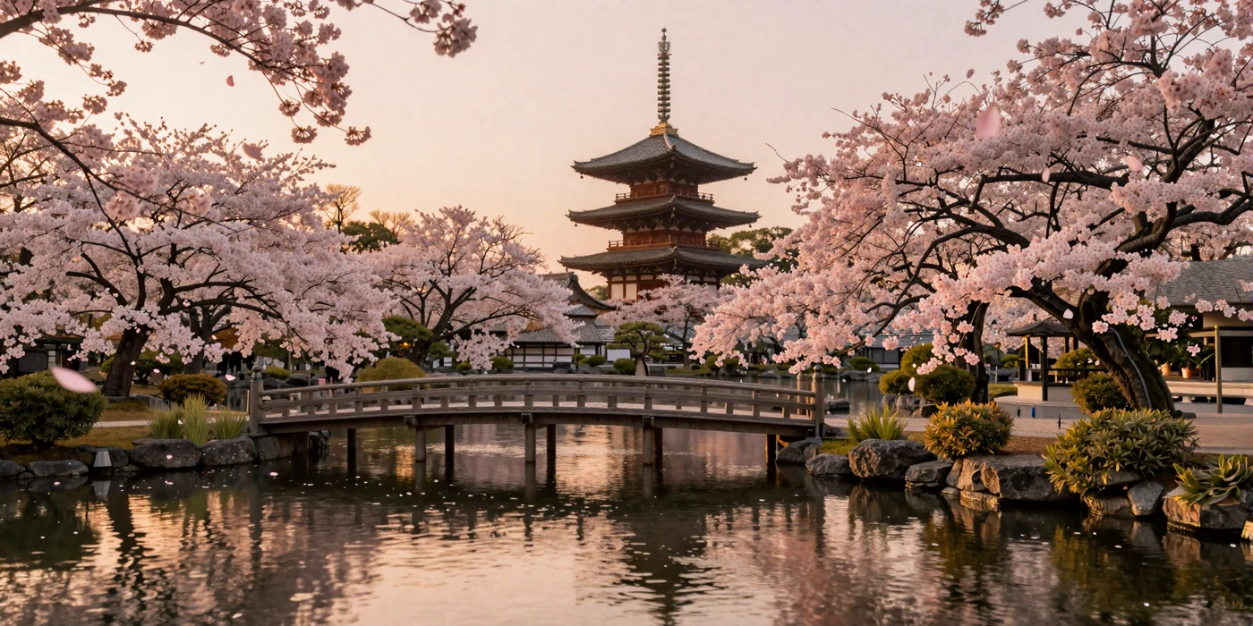 Scenic Japanese garden in Kyoto with cherry blossom trees and traditional pagoda representing Japanese culture and romance