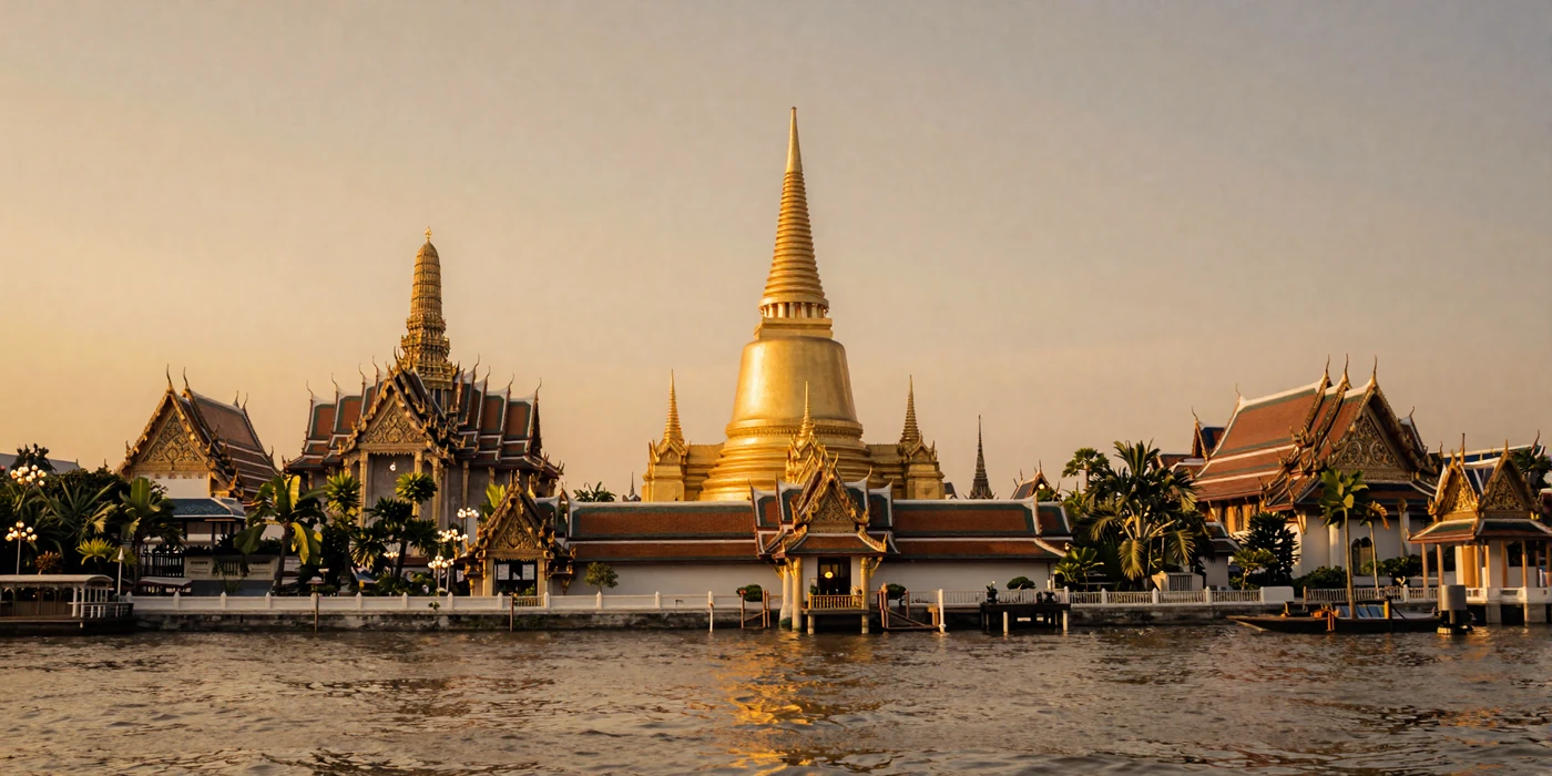 Golden Buddhist temples of Bangkok at sunset reflecting on the Chao Phraya River representing Thai culture and heritage