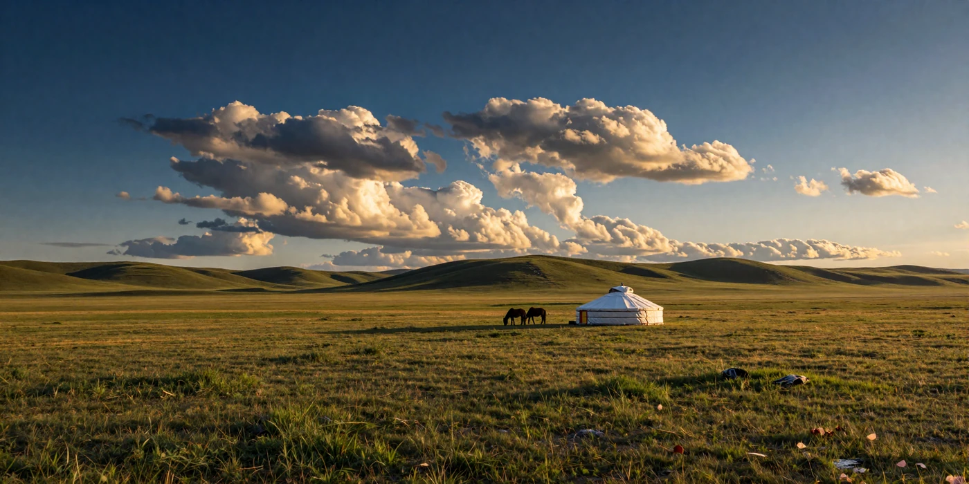 Vast Mongolian steppe landscape with traditional ger yurt and horses grazing under dramatic sky at golden hour representing Mongolia's nomadic heritage