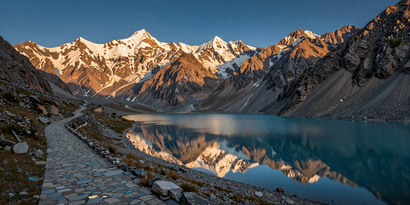 Dramatic Pamir Mountains in Tajikistan with turquoise alpine lake and ancient Silk Road path at golden hour representing Tajik cultural heritage