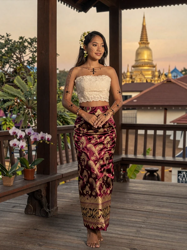 Beautiful Burmese woman in elegant traditional burgundy silk htamein longyi with gold acheik pattern standing on a teak veranda with golden pagoda backdrop