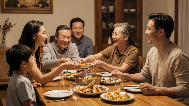 Interracial couple enjoying a family dinner with Asian parents at home