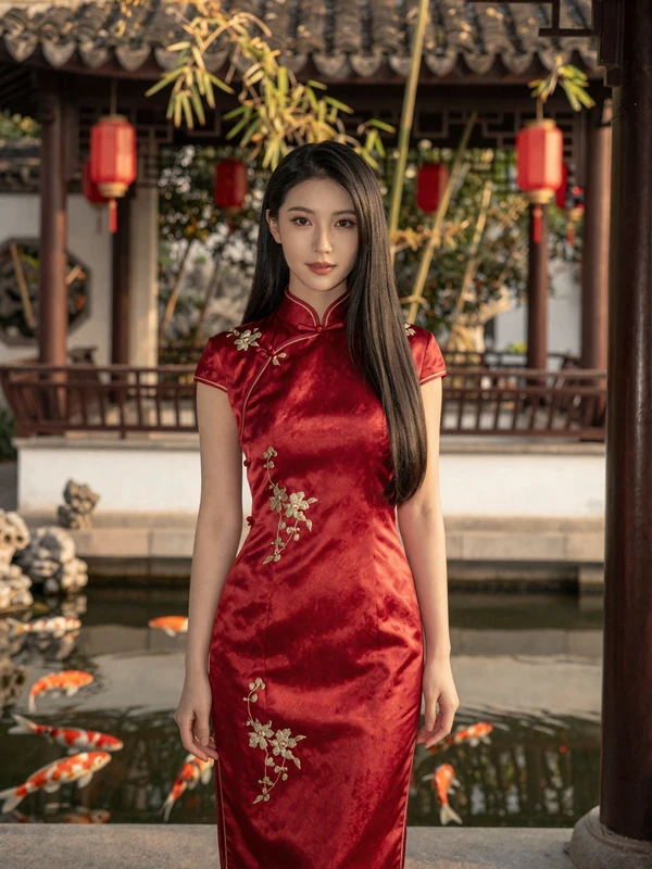 Beautiful Chinese woman in elegant red cheongsam-inspired dress standing in a traditional Chinese garden with red lanterns and bamboo