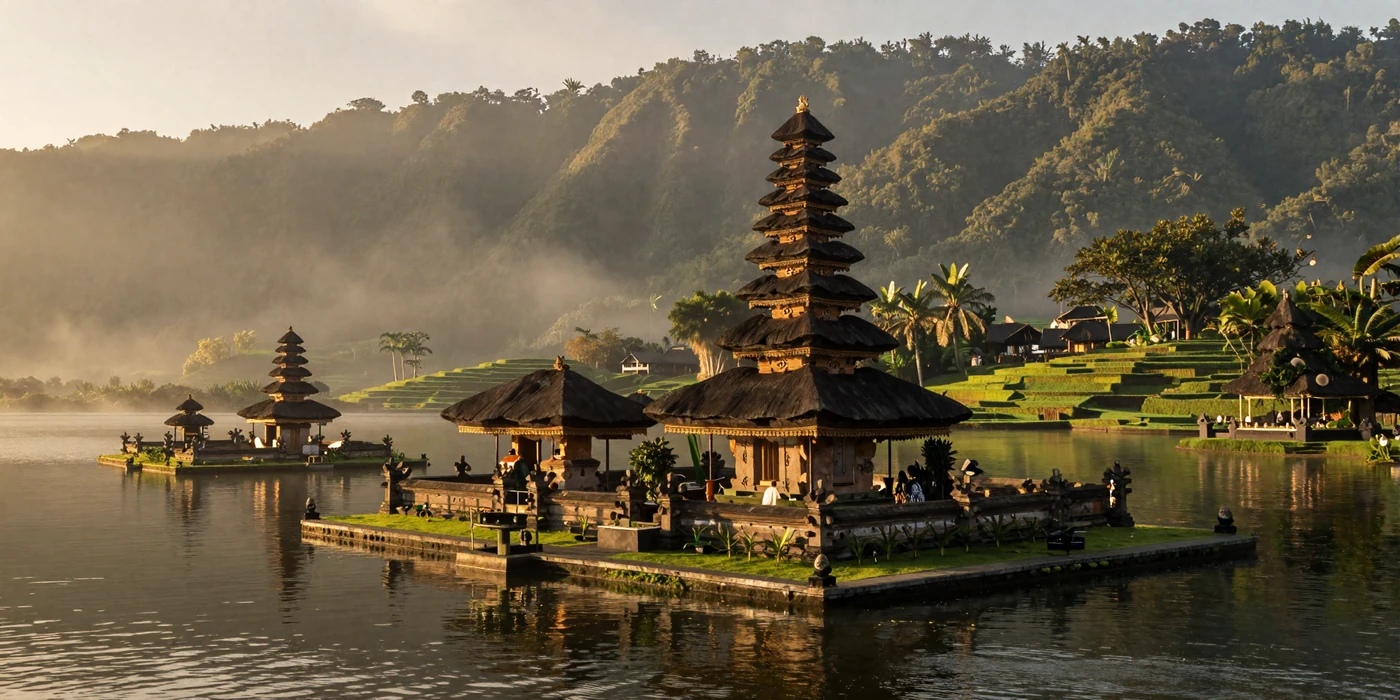 Dramatic Balinese temple on misty lake surrounded by lush tropical mountains and rice terraces at golden hour representing Indonesian cultural heritage