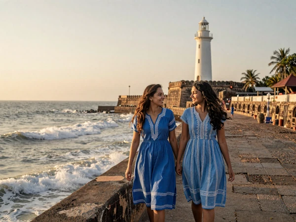 Happy cross-cultural couple walking along Galle Fort in Sri Lanka at sunset