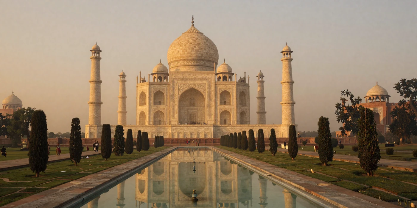 Scenic sunrise view of the Taj Mahal with golden light reflecting on marble and lush gardens representing Indian culture and romance